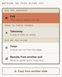 The empty-slide chooser, with Poll, Takeaway, Timer and Results from another poll