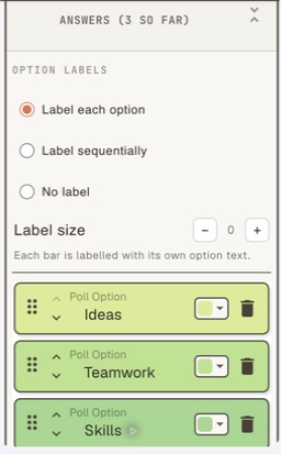 The three answer cards and the label mode choices
