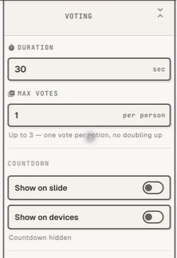 Voting settings showing thirty seconds, one vote and countdown switches